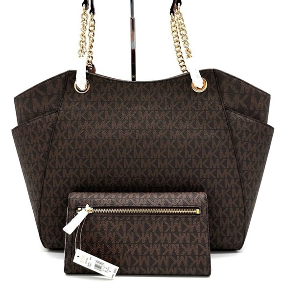 Michael Kors Large Jet Set Travel Chain Shoulder Bag & Trifold Wallet Brown - Picture 5 of 14